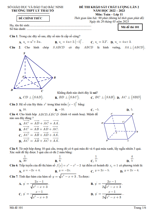 Đề khảo sát lớp 11 môn Toán lần 2 năm 2022 2023 trường THPT Lý Thái Tổ Bắc Ninh