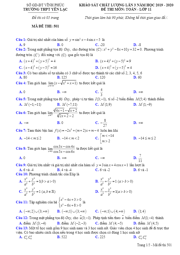 Đề khảo sát lớp 11 môn Toán lần 3 năm 2019 2020 trường THPT Yên Lạc Vĩnh Phúc