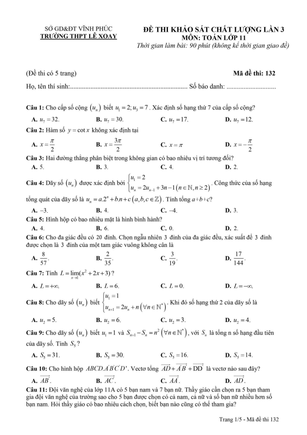 Đề khảo sát lớp 11 môn Toán lần 3 năm 2022 2023 trường THPT Lê Xoay Vĩnh Phúc
