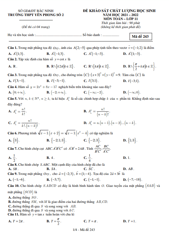Đề khảo sát lớp 11 môn Toán năm 2021 2022 trường THPT Yên Phong 2 Bắc Ninh