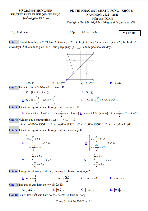 Đề khảo sát lớp 11 môn Toán năm 2022 2023 trường THPT Triệu Quang Phục Hưng Yên