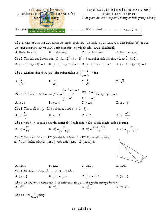 Đề khảo sát lớp 12 môn Toán đầu năm học 2019 – 2020 trường Thuận Thành 1 – Bắc Ninh