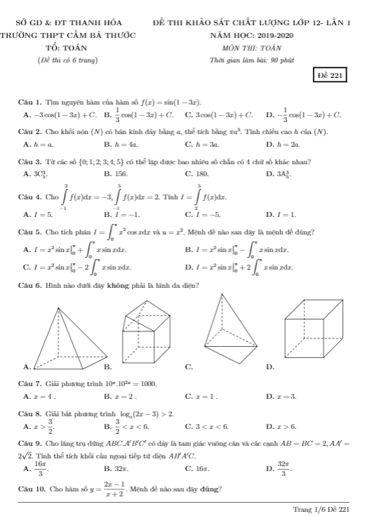 Đề khảo sát lớp 12 môn Toán lần 1 năm 2019 2020 trường Cầm Bá Thước Thanh Hóa