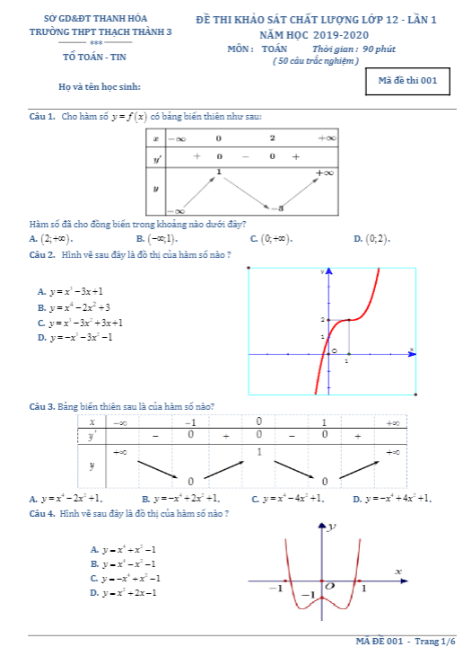 Đề khảo sát lớp 12 môn Toán lần 1 năm 2019 2020 trường Thạch Thành 3 Thanh Hóa