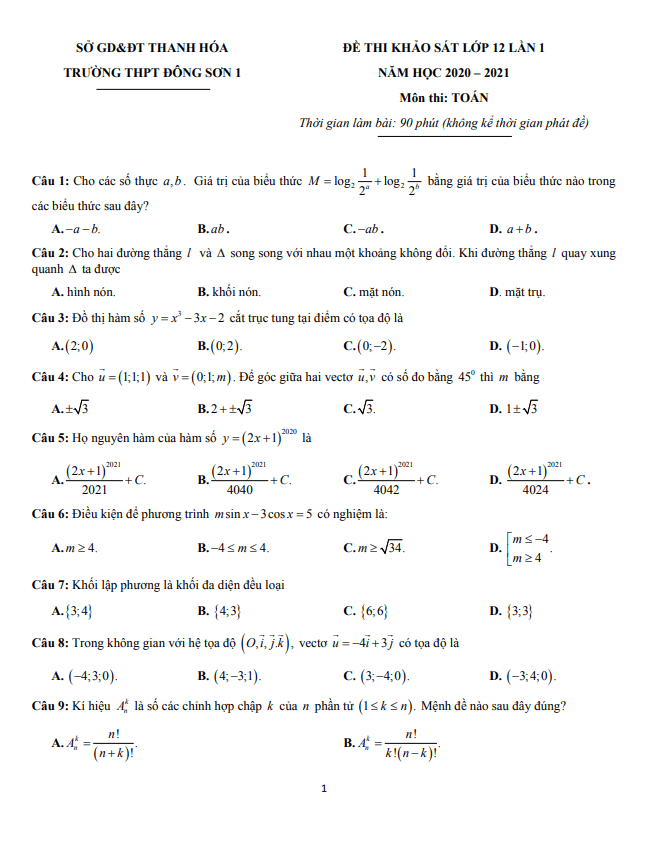 Đề khảo sát lớp 12 môn Toán lần 1 năm 2020 2021 trường Đông Sơn 1 Thanh Hóa