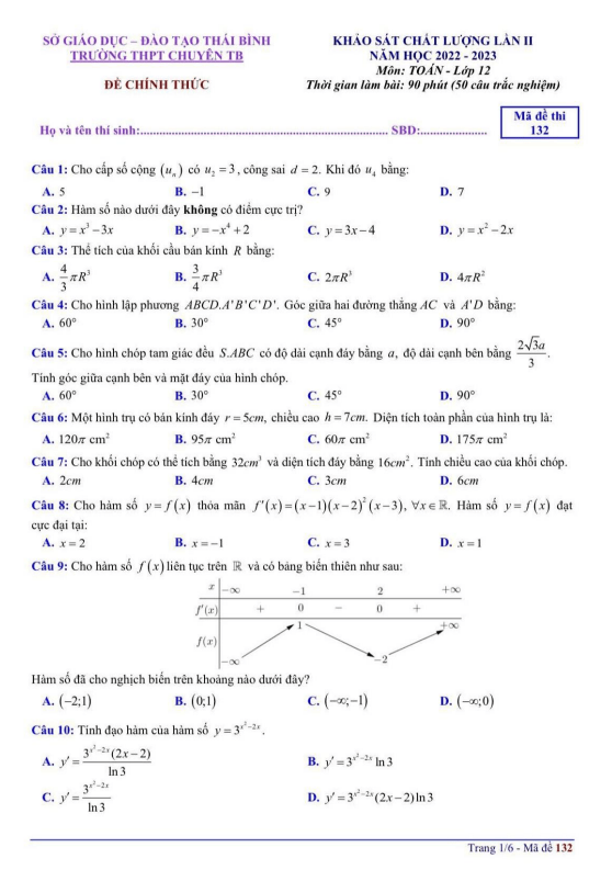 Đề khảo sát lớp 12 môn Toán lần 2 năm 2022 2023 trường THPT chuyên Thái Bình
