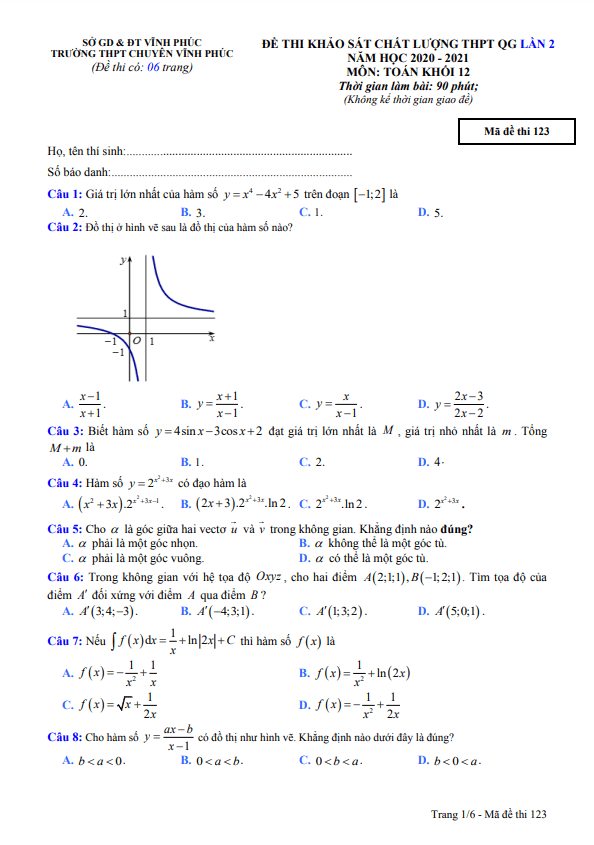 Đề khảo sát lớp 12 môn Toán lần 2 thi THPT QG 2021 trường THPT chuyên Vĩnh Phúc