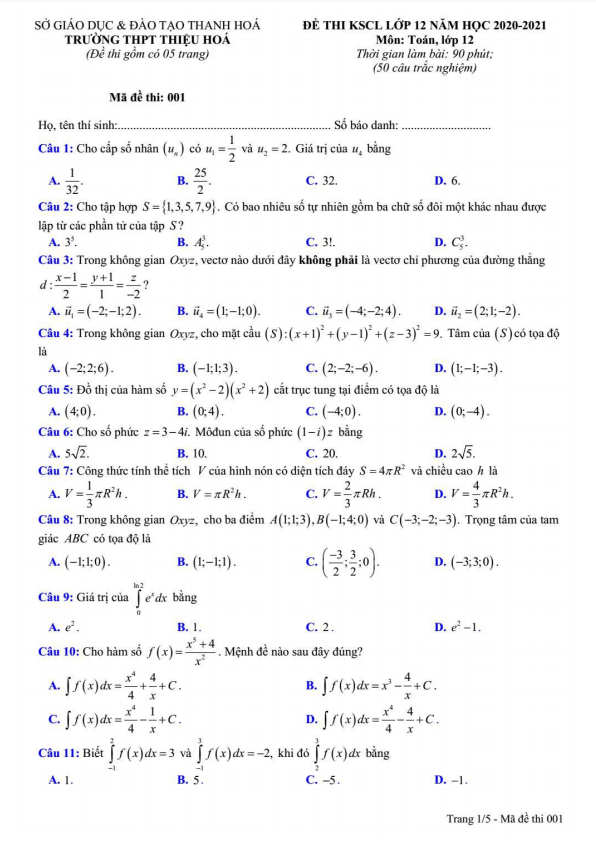 Đề khảo sát lớp 12 môn Toán năm 2020 2021 trường THPT Thiệu Hóa Thanh Hóa