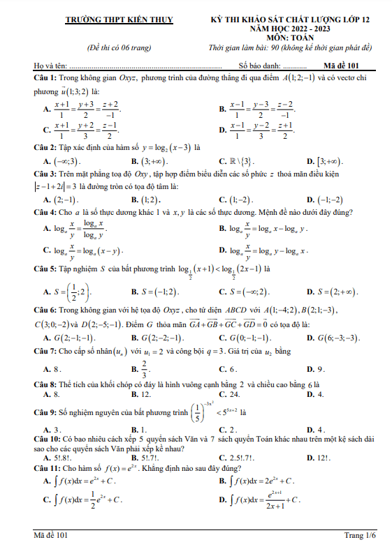 Đề khảo sát lớp 12 môn Toán năm 2022 2023 trường THPT Kiến Thụy Hải Phòng