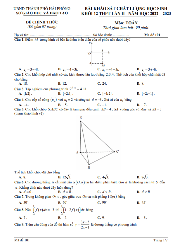 Đề khảo sát lớp 12 môn Toán THPT lần 2 năm 2022 2023 sở GD ĐT Hải Phòng