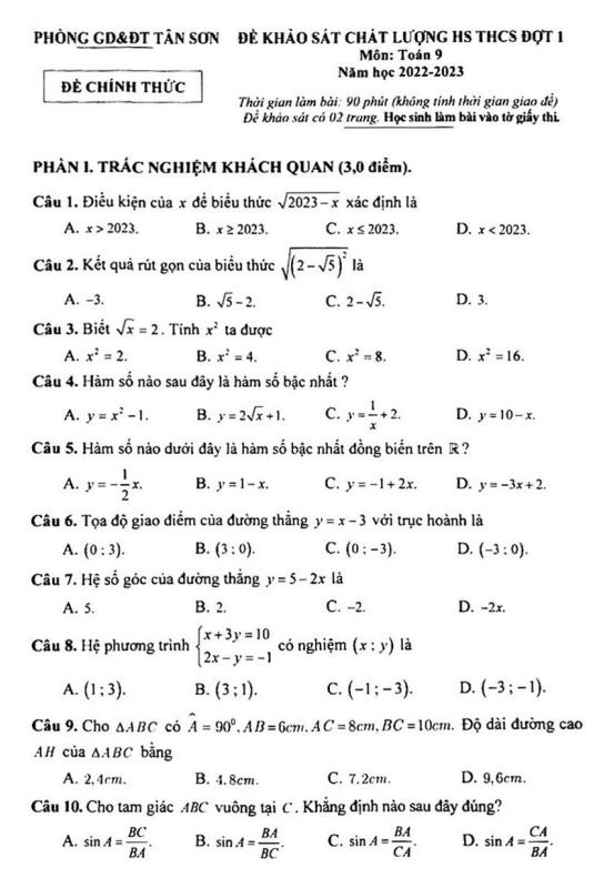 Đề khảo sát lớp 9 môn Toán đợt 1 năm 2022 2023 phòng GD ĐT Tân Sơn Phú Thọ