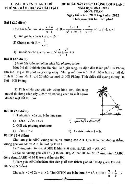 Đề khảo sát lớp 9 môn Toán lần 1 năm 2022 2023 phòng GD ĐT Thanh Trì Hà Nội