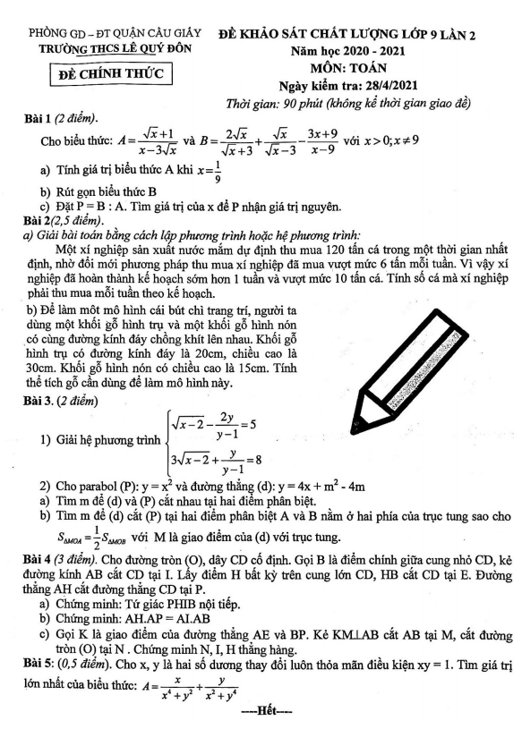 Đề khảo sát lớp 9 môn Toán lần 2 năm 2020 2021 trường THCS Lê Quý Đôn Hà Nội