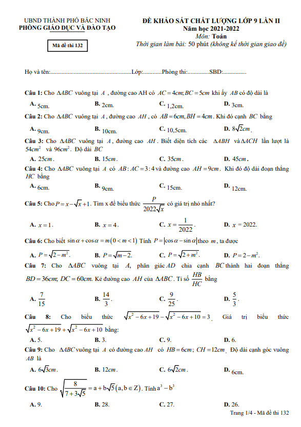 Đề khảo sát lớp 9 môn Toán lần 2 năm 2021 2022 phòng GD ĐT thành phố Bắc Ninh