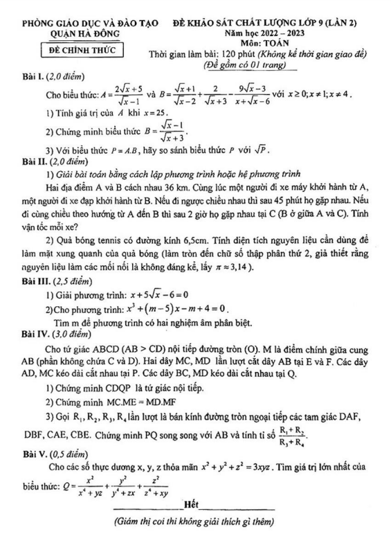 Đề khảo sát lớp 9 môn Toán lần 2 năm 2022 2023 phòng GD ĐT Hà Đông Hà Nội