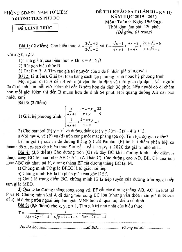Đề khảo sát lớp 9 môn Toán lần 3 học kì 2 (HK2) năm 2019 2020 trường THCS Phú Đô Hà Nội