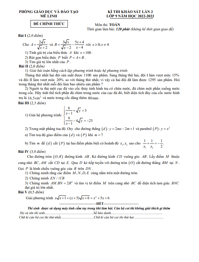 Đề khảo sát lớp 9 môn Toán lần 3 năm 2022 2023 phòng GD ĐT Mê Linh Hà Nội