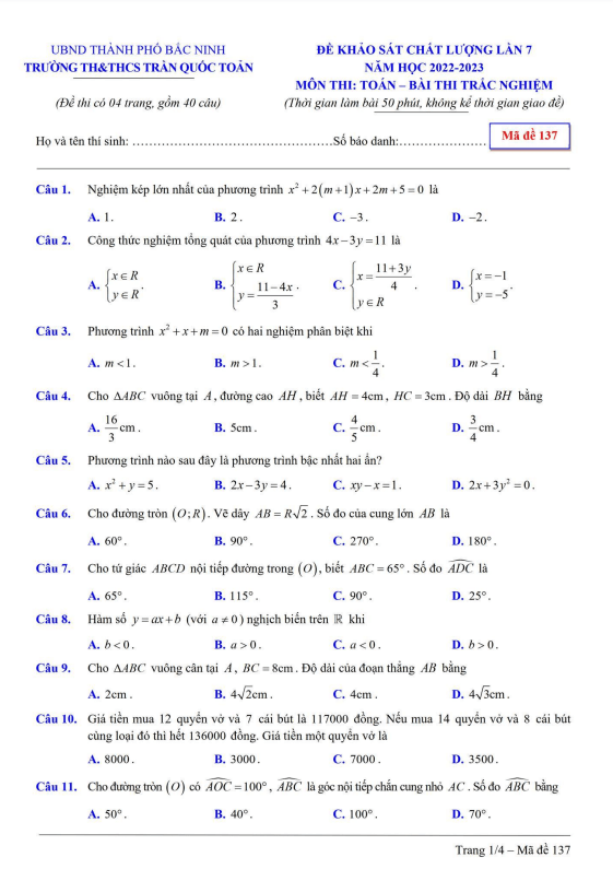 Đề khảo sát lớp 9 môn Toán lần 7 năm 2022 2023 trường Trần Quốc Toản Bắc Ninh