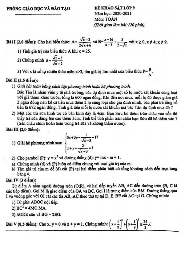 Đề khảo sát lớp 9 môn Toán năm 2020 2021 phòng GD ĐT Đông Anh Hà Nội