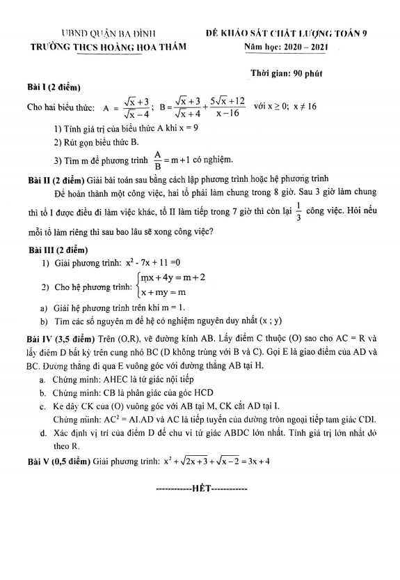 Đề khảo sát lớp 9 môn Toán năm 2020 2021 trường Hoàng Hoa Thám Hà Nội