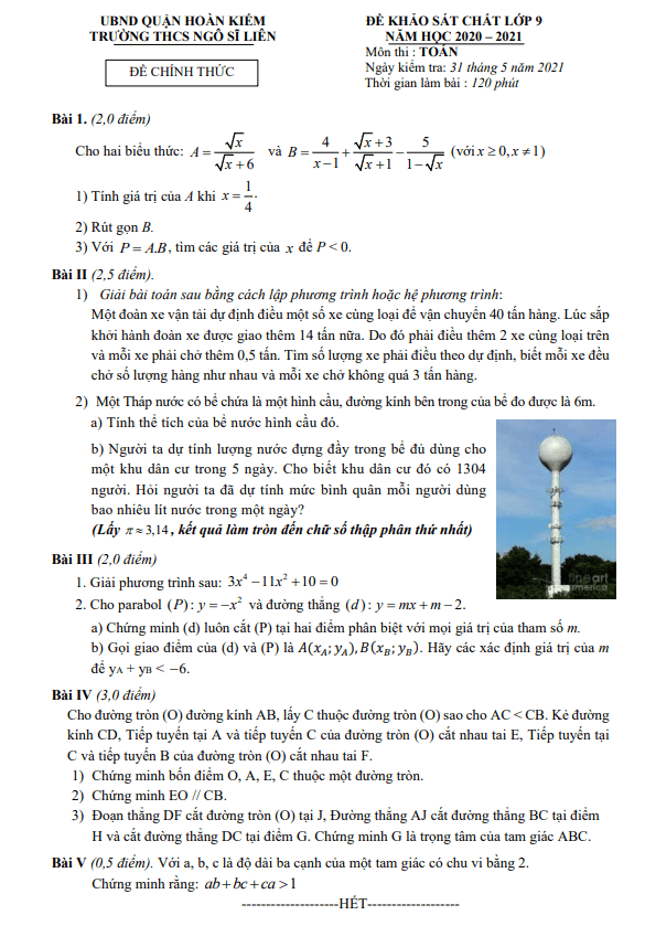 Đề khảo sát lớp 9 môn Toán năm 2020 2021 trường THCS Ngô Sĩ Liên Hà Nội