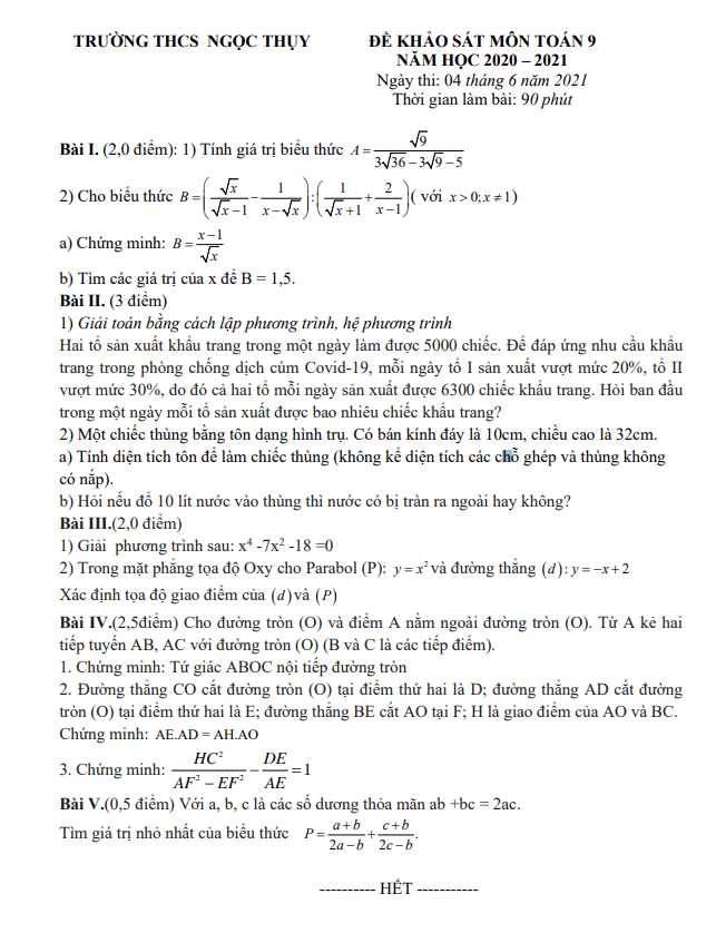 Đề khảo sát lớp 9 môn Toán năm 2020 2021 trường THCS Ngọc Thụy Hà Nội