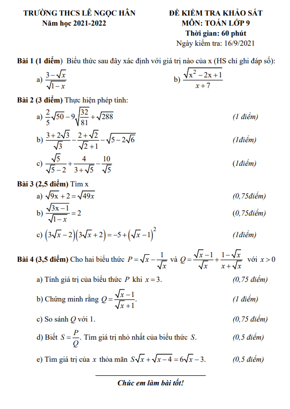 Đề khảo sát lớp 9 môn Toán năm 2021 2022 trường THCS Lê Ngọc Hân Hà Nội