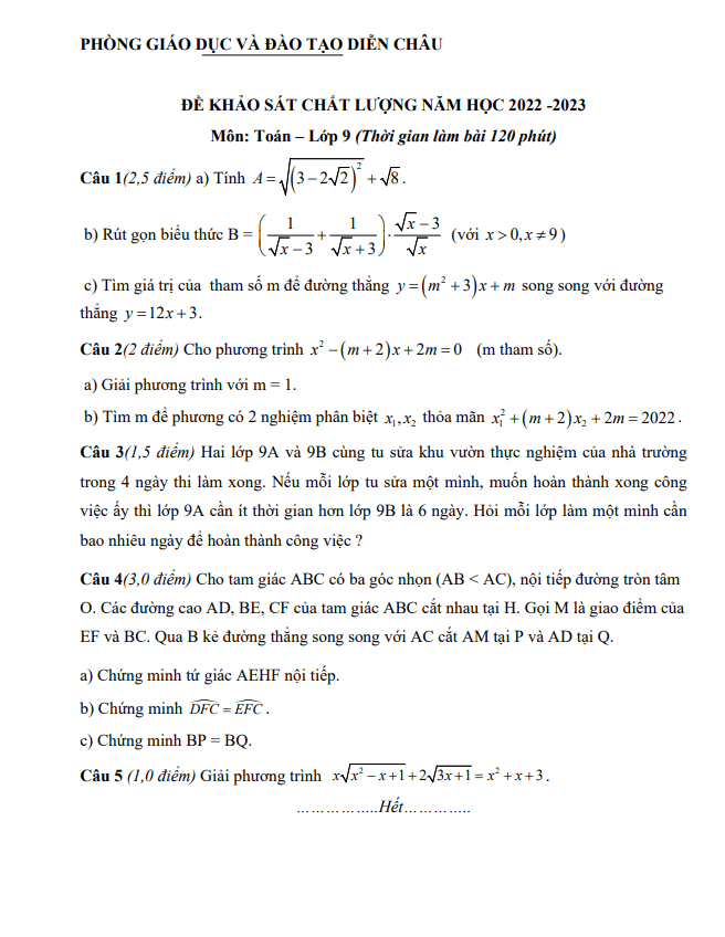 Đề khảo sát lớp 9 môn Toán năm 2022 2023 phòng GD ĐT Diễn Châu Nghệ An