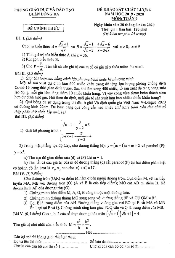 Đề khảo sát lớp 9 môn Toán năm học 2019 2020 phòng GD ĐT Đống Đa Hà Nội