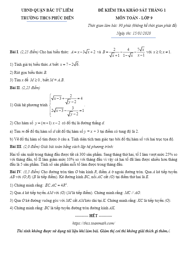 Đề khảo sát lớp 9 môn Toán tháng 1 năm 2020 trường THCS Phúc Diễn Hà Nội