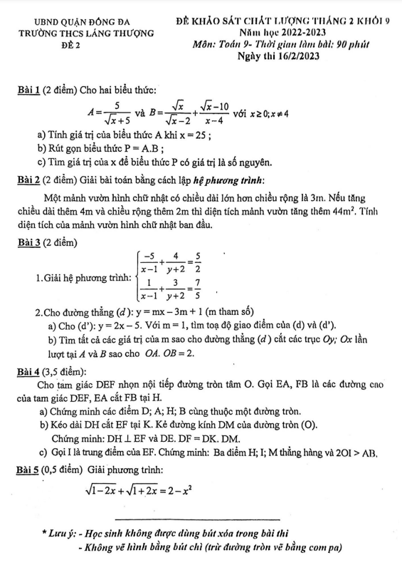 Đề khảo sát lớp 9 môn Toán tháng 2 năm 2023 trường THCS Láng Thượng Hà Nội