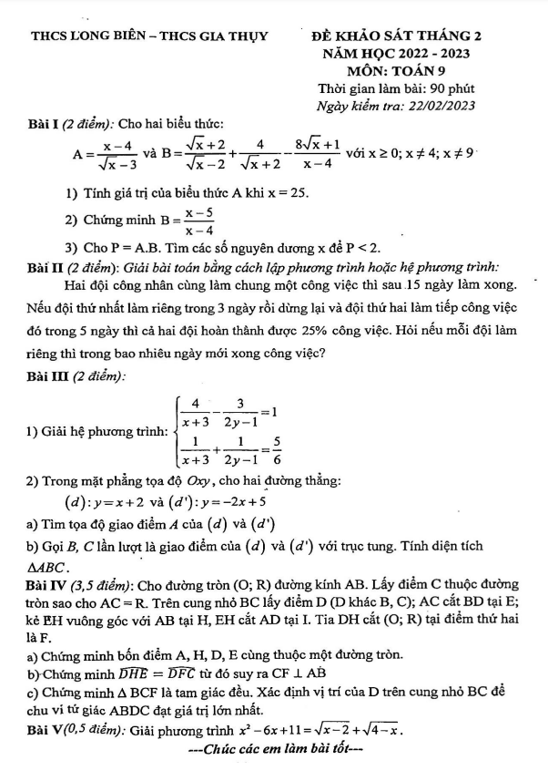 Đề khảo sát lớp 9 môn Toán tháng 2 năm 2023 trường THCS Long Biên Hà Nội
