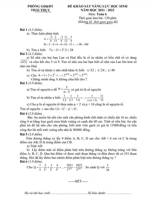 Đề khảo sát năng lực lớp 6 môn Toán năm 2021 2022 phòng GD ĐT Thái Thụy Thái Bình