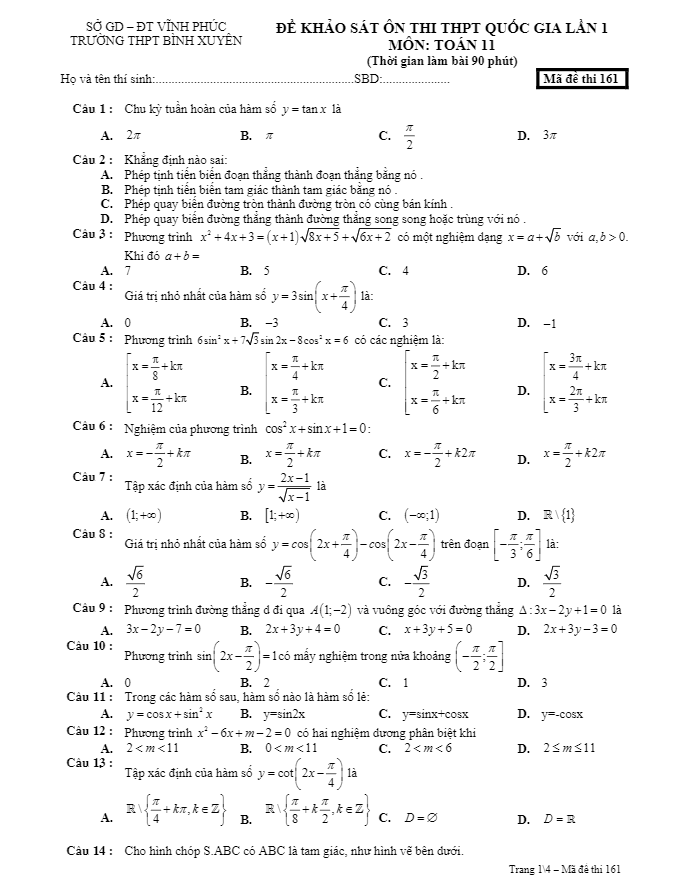Đề khảo sát ôn thi THPT Quốc gia lần 1 lớp 11 môn Toán trường THPT Bình Xuyên Vĩnh Phúc