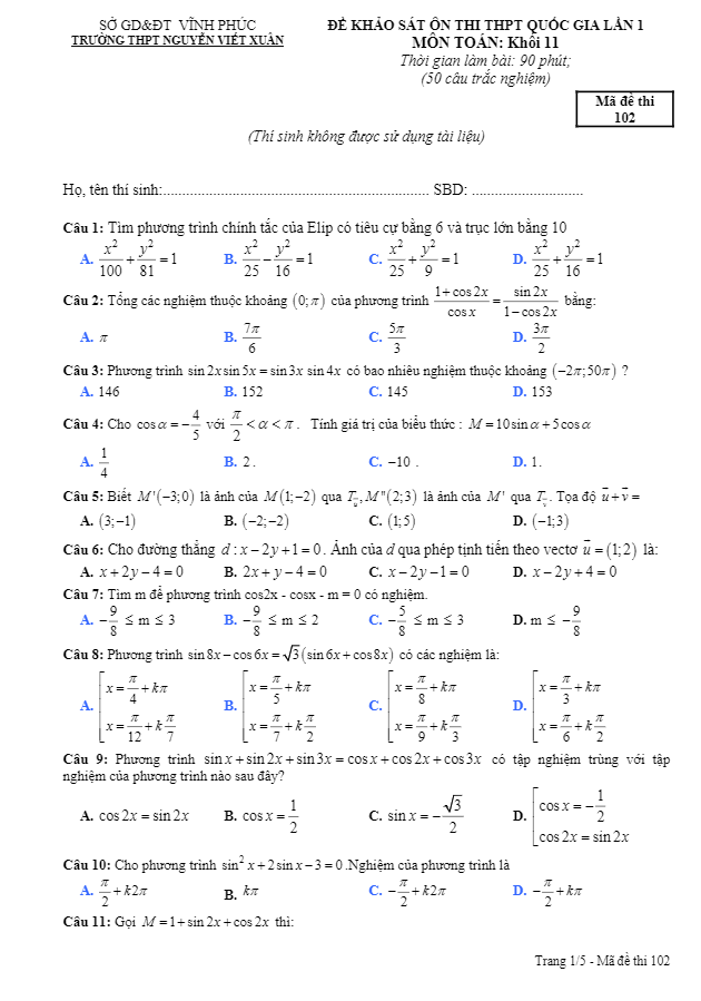 Đề khảo sát ôn thi THPT Quốc gia lớp 11 môn Toán trường THPT Nguyễn Viết Xuân Vĩnh Phúc lần 1