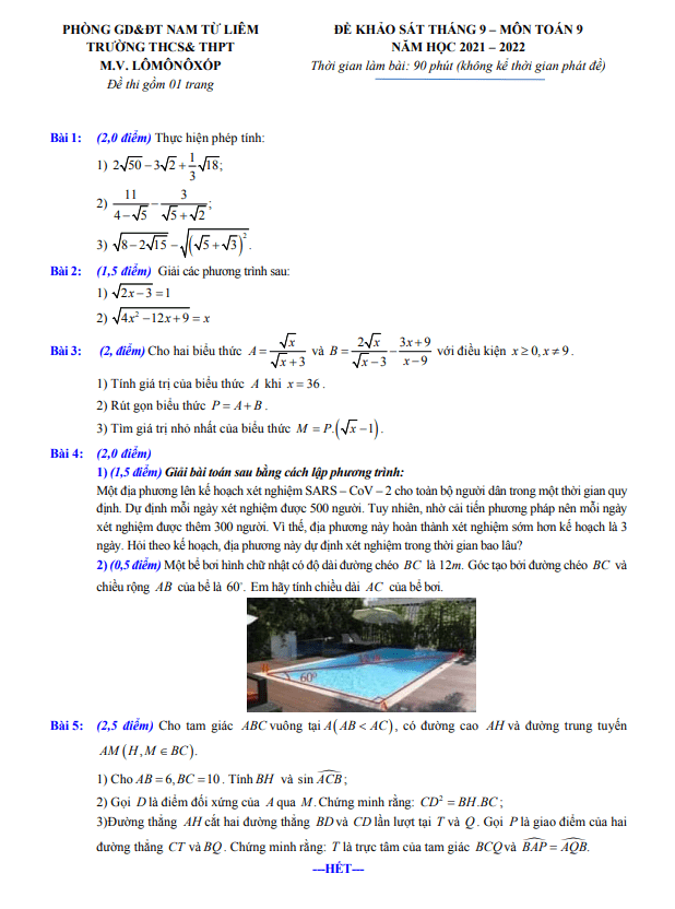 Đề khảo sát Toán 9 tháng 9 năm 2021 trường M.V. Lômônôxốp Hà Nội