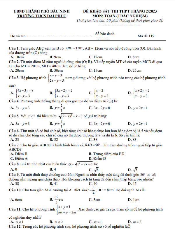 Đề khảo sát Toán thi THPT tháng 2 năm 2023 trường THCS Đại Phúc Bắc Ninh