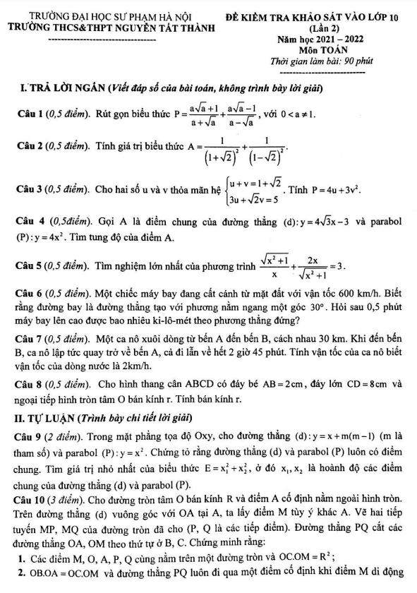 Đề khảo sát Toán vào lần 2 năm 2022 trường Nguyễn Tất Thành Hà Nội