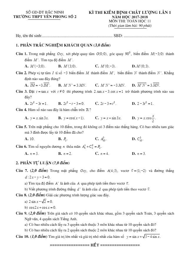 Đề kiểm định chất lượng lần 1 năm học 2017 2018 lớp 11 môn Toán trường THPT Yên Phong 2 Bắc Ninh