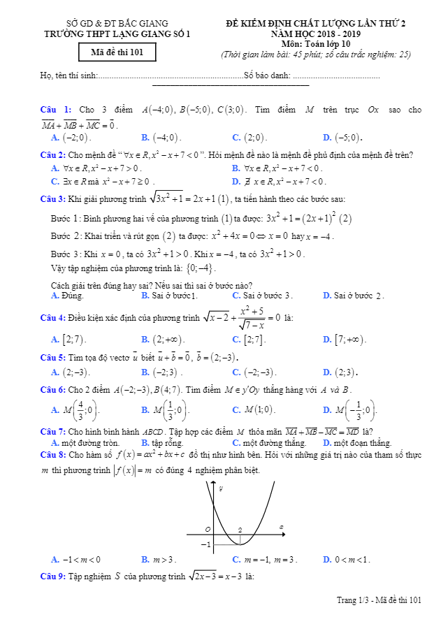 Đề kiểm định chất lượng lớp 10 môn Toán lần 2 năm 2018 2019 trường Lạng Giang 1 Bắc Giang