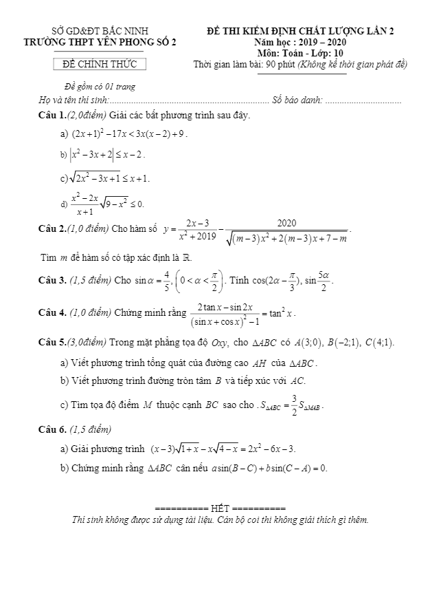 Đề kiểm định chất lượng lớp 10 môn Toán lần 2 năm 2019 2020 trường THPT Yên Phong 2 Bắc Ninh