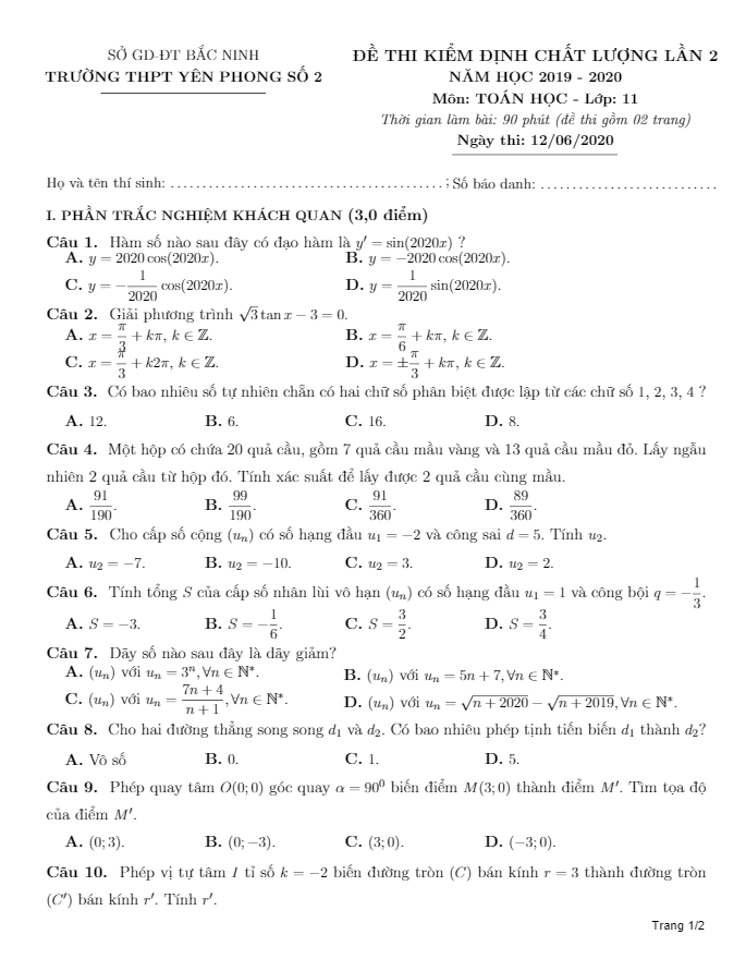 Đề kiểm định chất lượng lớp 11 môn Toán lần 2 năm 2019 2020 trường THPT Yên Phong 2 Bắc Ninh