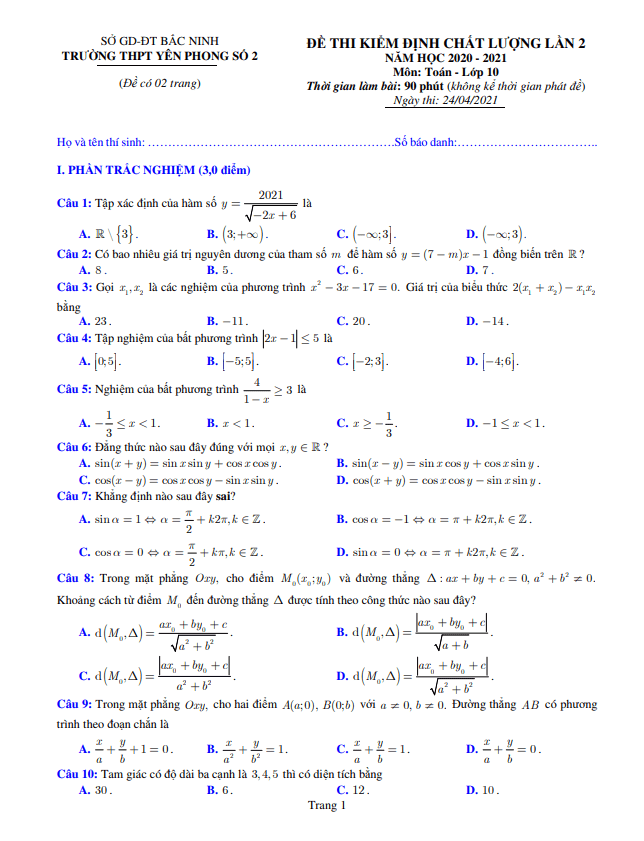 Đề kiểm định lớp 10 môn Toán lần 2 năm 2020 2021 trường THPT Yên Phong 2 Bắc Ninh