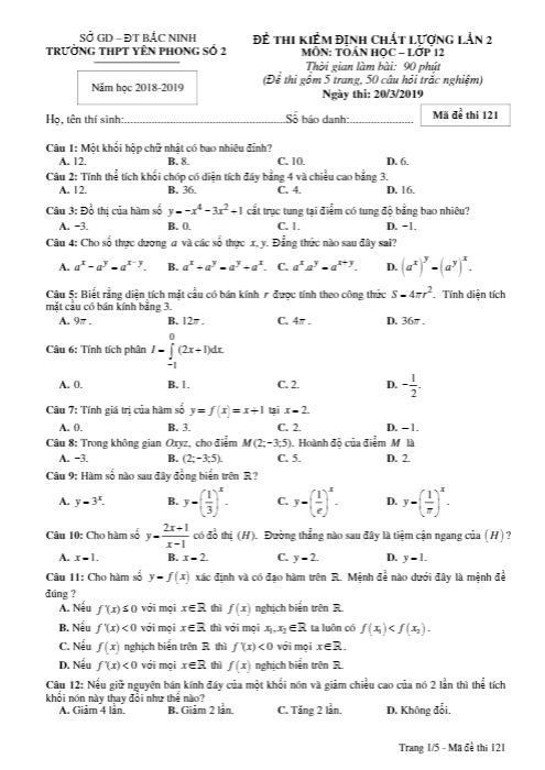 Đề kiểm định lớp 12 môn Toán lần 2 năm 2018 2019 trường THPT Yên Phong 2 Bắc Ninh