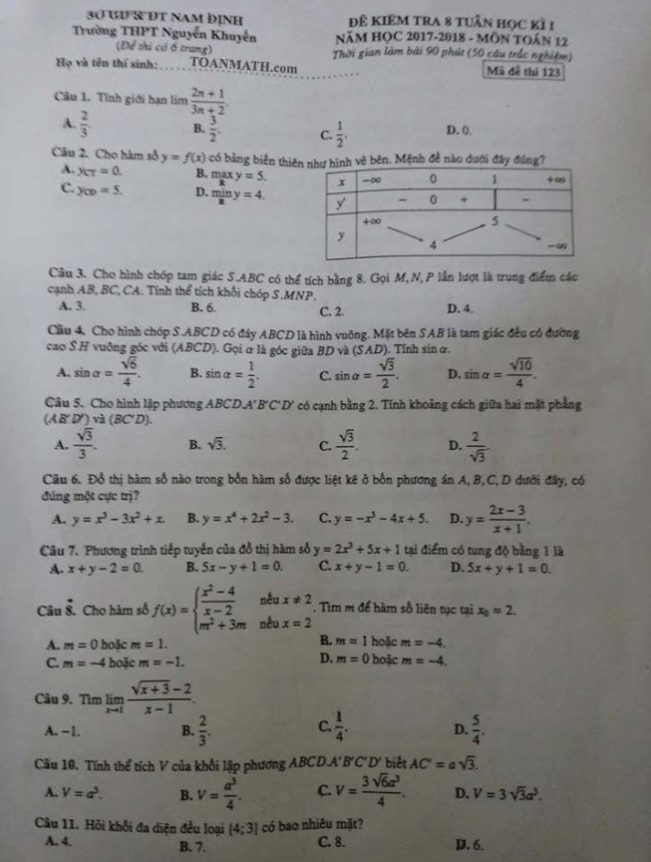 Đề kiểm tra 8 tuần HKI năm học 2017 2018 lớp 12 môn Toán trường THPT Nguyễn Khuyến Nam Định