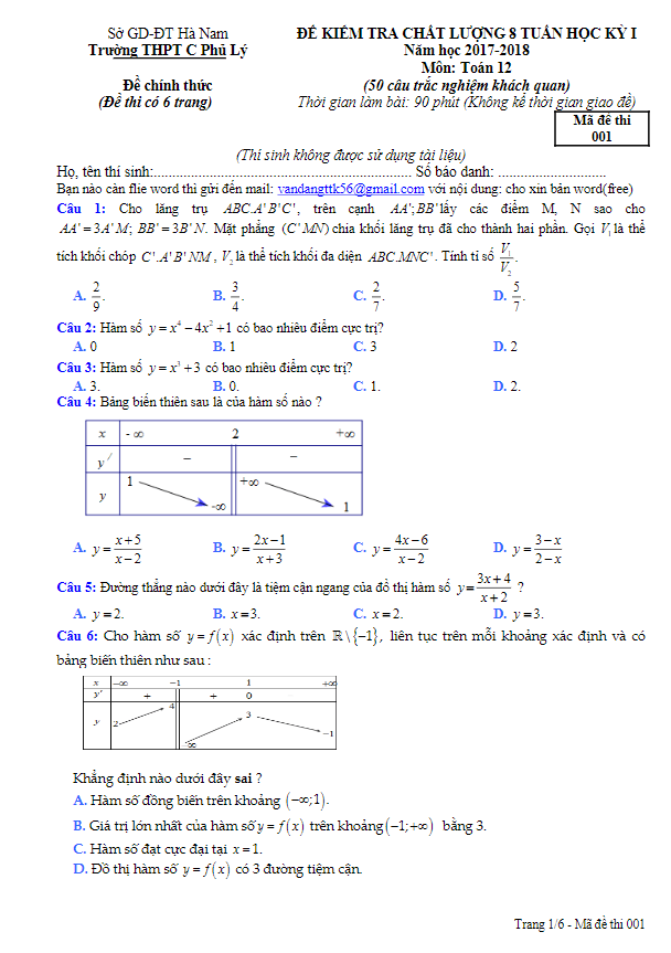 Đề kiểm tra chất lượng 8 tuần học kỳ I năm học 2017 2018 lớp 12 môn Toán trường THPT C Phủ Lý Hà Nam