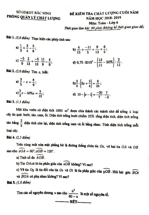 Đề kiểm tra chất lượng cuối năm lớp 6 môn Toán năm 2018 – 2019 sở GD ĐT Bắc Ninh