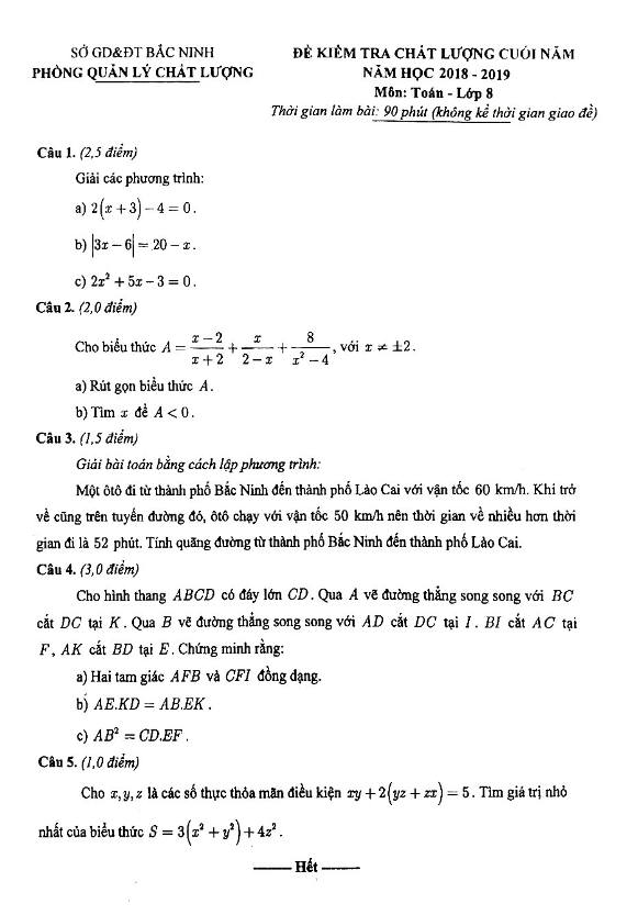 Đề kiểm tra chất lượng cuối năm lớp 8 môn Toán năm 2018 2019 sở GD ĐT Bắc Ninh