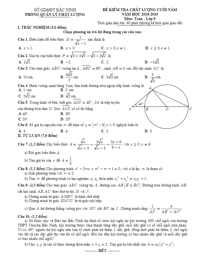Đề kiểm tra chất lượng cuối năm lớp 9 môn Toán năm 2018 – 2019 sở GD ĐT Bắc Ninh
