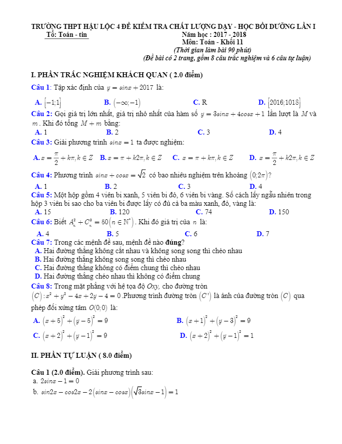 Đề kiểm tra chất lượng dạy học lớp 11 môn Toán lần 1 năm 2017 2018 trường Hậu Lộc 4 Thanh Hóa